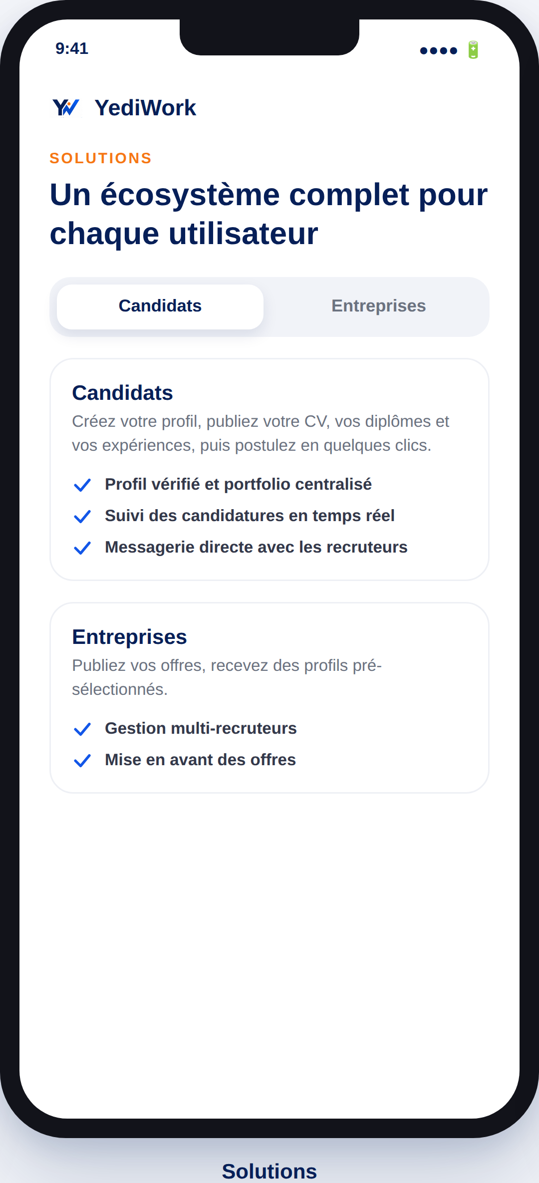 Aperçu de l'espace Solutions de YediWork sur mobile